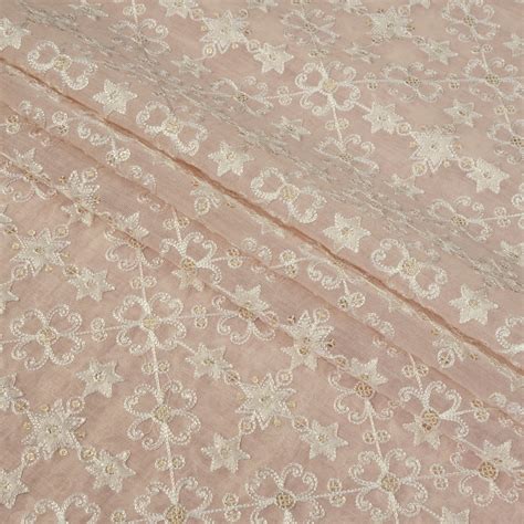 Buy Peach Puff Color Embroidered Pure Chanderi Fabric 74116-18/2 | FFAB