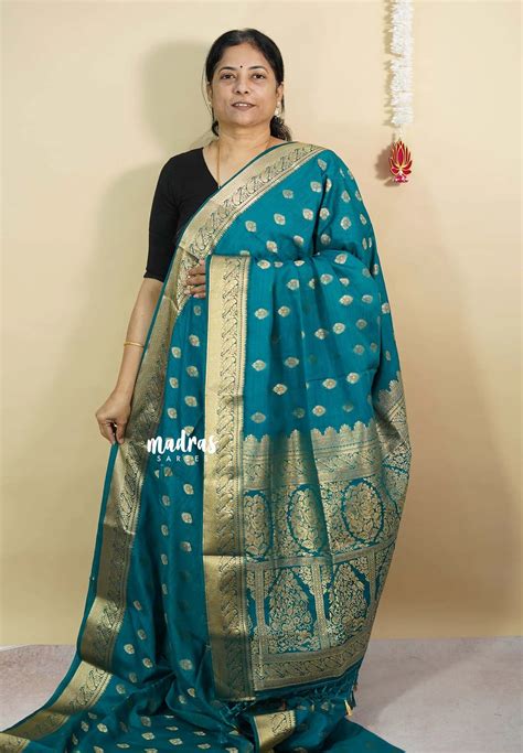 Teal Blue - Vadhanam - Premium Jute Tussar silkwith buttas and gold za ...