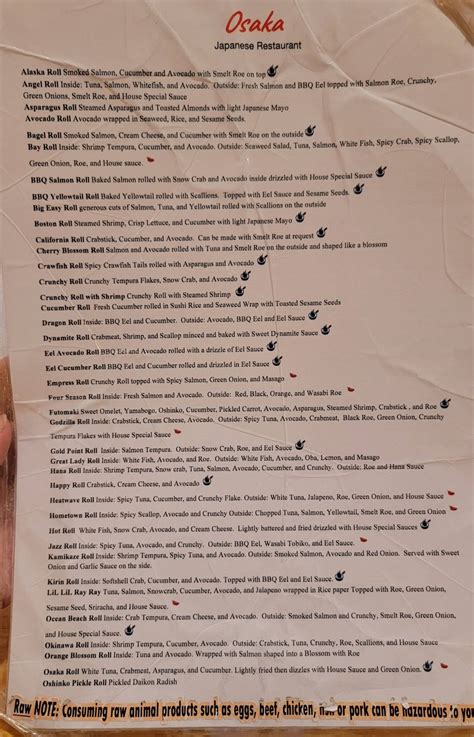 Menu at Osaka Japanese Restaurant, Flowood, 121 Market St