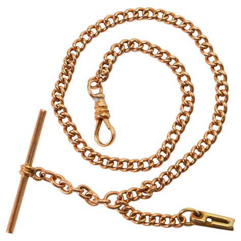 Antique 14K Yellow Gold Pocket Watch Chain w Fob Clip w T Bar at ...