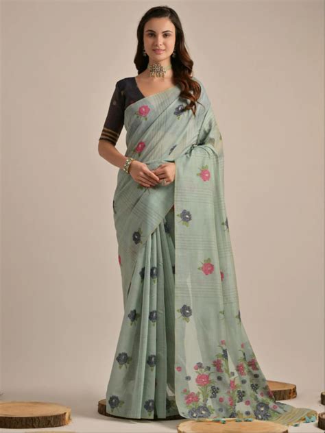 Buy Classic Pastel Green Floral Woven Handloom Cotton Saree Online ...