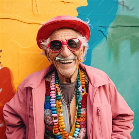 Vieil homme expression heureuse contre le grunge mur de graffitis ...