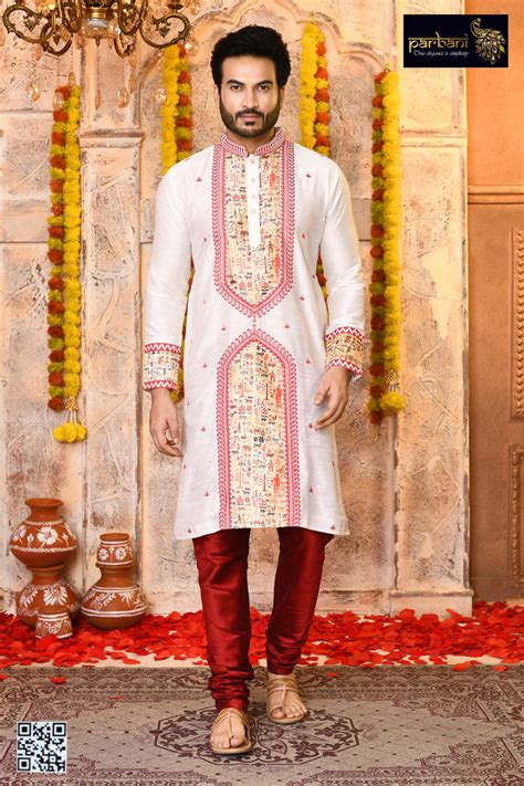 Parbani Men Admirable White coloured Designer Raw Silk Kurta With Embr ...