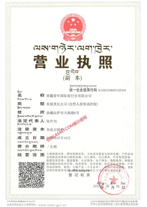 西藏青年国际旅行社-营业执照