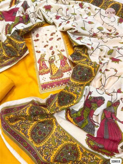 Yellow Glace Cotton Hand Painted Unstitched 3-Piece Suit (Devri – D.No