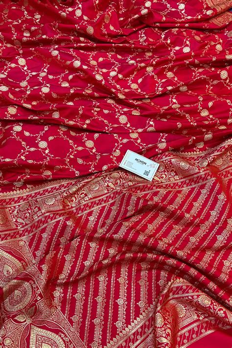 Pinkish Red Albeli Jaal Katan Silk Banarasi Saree – Mohsin Textiles