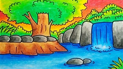 How To Draw Nature Scenery Forest And Waterfall Beautiful |Drawing ...