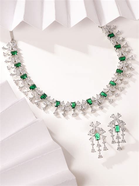 Emerald and White Stoned Sequence Floral Pattern Necklace with AD Drop ...