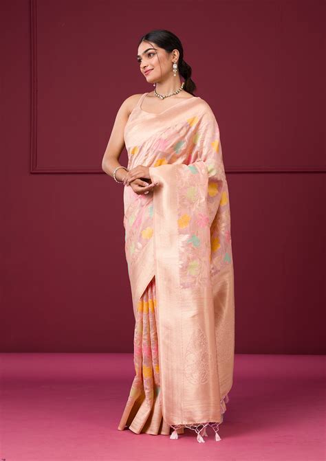 Buy Pink Zariwork Tissue Saree - Koskii