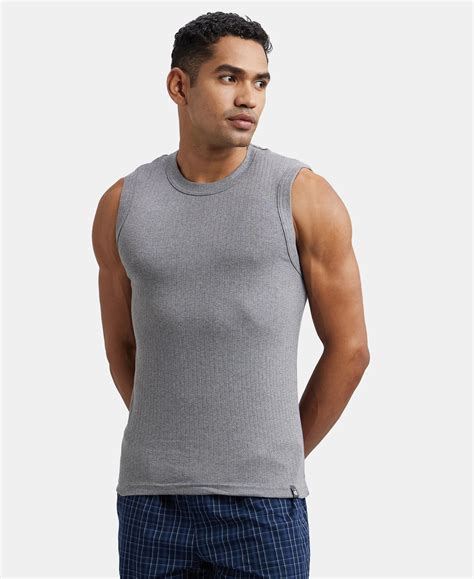 Buy Super Combed Cotton Rib Solid Round Neck Muscle Vest - Grey Melange ...