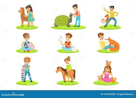 Children Petting The Small Animals In Petting Zoo Set Of Cartoon ...