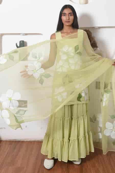 Buy Green Georgette, Chiffon Blooming Floral Hand Painted Kurta Sharara ...