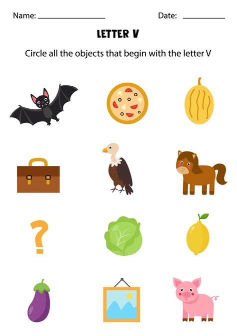 Letter recognition for kids. Circle all objects that start with V ...