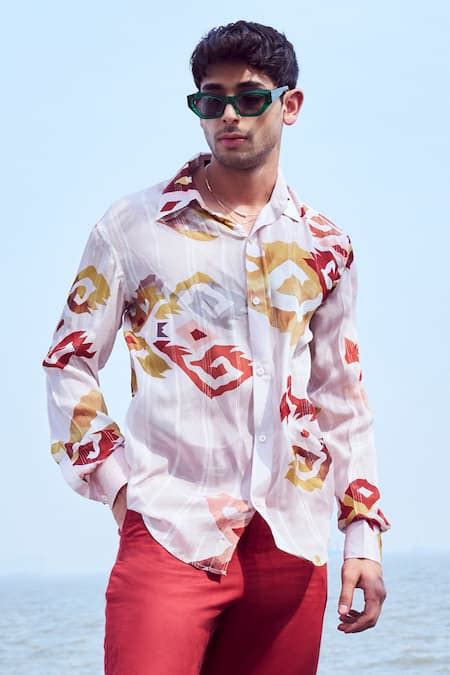 Buy Peach Chiffon, Lurex Embroidery Patola Print Full Sleeve Shirt For ...