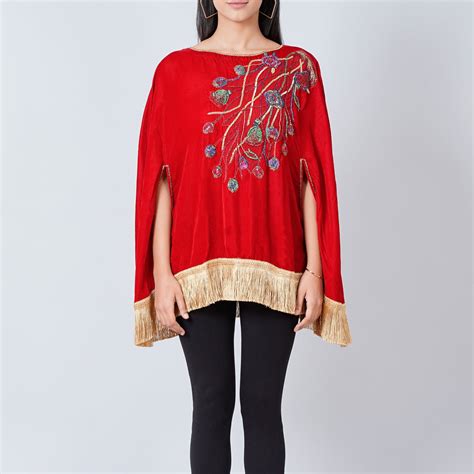 Red Floral Sequinned Velvet Poncho with Golden Fringe – First Resort by ...