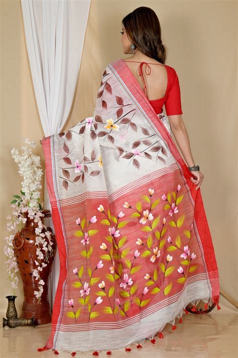 White Red Cotton Blend Slabakato Hand Painted Saree (1676)