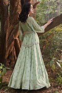 Buy Green Georgette V Neck Rania Kimono Blouse And Lehenga Set For ...