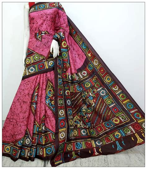 Multi Coloured Hand Embroidery Batik Hand Painted Kantha Stitch Saree ...
