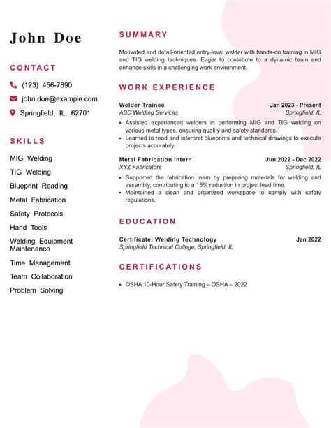 Welder Resume Example - My Resume Star