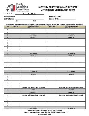 Fillable Online providers elcmdm MONTHLY PARENTAL SIGNATURE SHEET ...