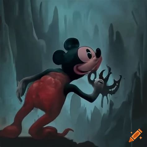 Terrifying Mickey Mouse horror monster in a damp cave on Craiyon