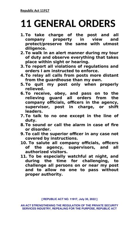 RA 11917 - Overview of General Orders in Private Security Services ...