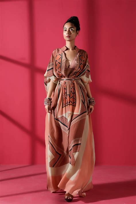 Terracotta Tile Print Kaftan With Vintage Pewter Handwork Belt – Nikita ...