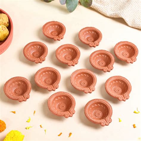 Sunflower Motif Pure Terracotta Clay Diyas Set Of 48 Online - Premium ...
