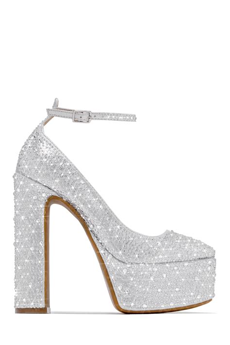 Shop Silver Embellished Platform Block High Heels at MISSLOLA.COM ...