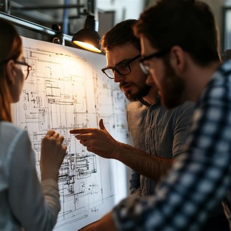 Uma equipe de engenheiros colaborando na concepção de um novo ...