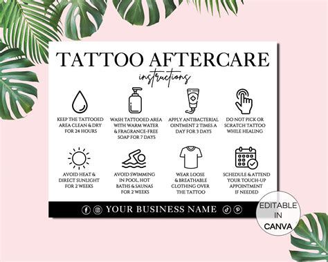 Tattoo Aftercare Card Template, Editable Tattoo Care Card, Printable Tattoo Artist Cards, Tattoo ...