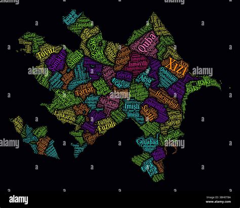 Azerbaijan Regions Word Clouds. Bright neon style design on dark background. Region names of the ...