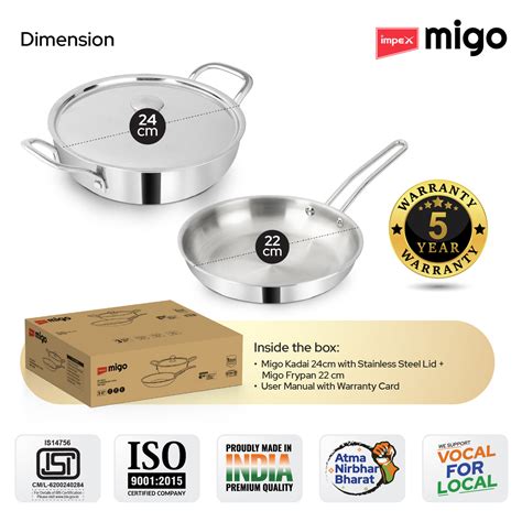 Impex TKF 2422 Migo 3-Piece SS Triply Cookware Set with Kadai, Fry Pan ...