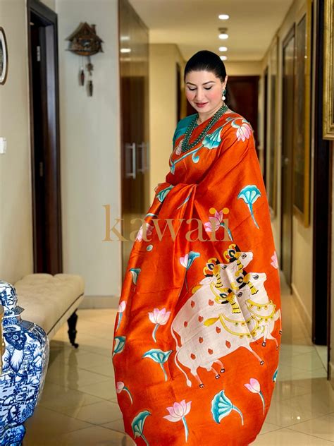 Ameya Pichwai Saree with Handcrafted Lotus Design - pichwai saree | Kawaii