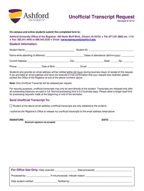 2012-2026 Form Ashford University Unofficial Transcript Request Fill ...
