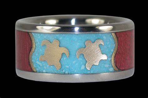 Koa Wood Swimming Turtles Hawaii Titanium Ring® | Hawaii Titanium Rings®