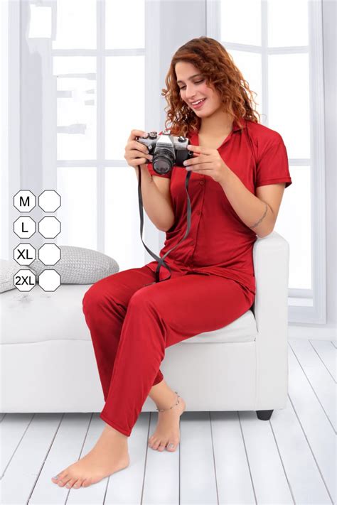 Dark Red satin night suits Combo Set for women – Stilento