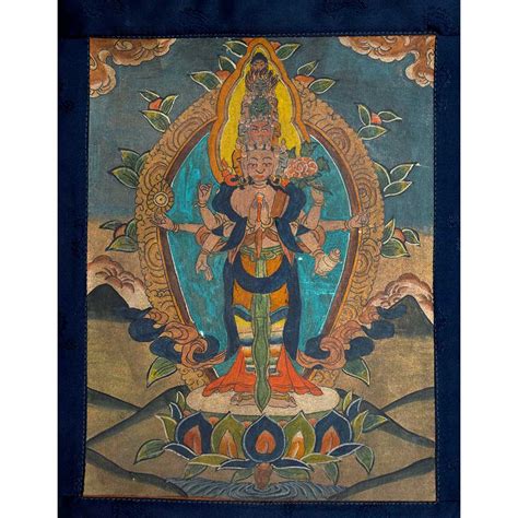 Navy Blue Thangka Painting Of Eleven Headed Avalokiteshvara