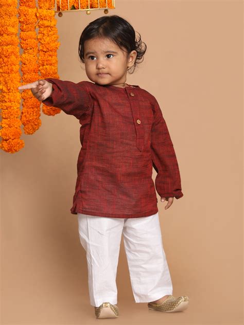 Baby Boys Kurta Pyjama Set Cotton in Maroon White | VASTRAMAY – vastramay