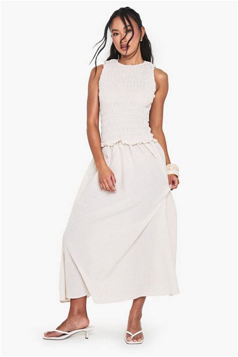 Gingham Shirred Detail Drop Waist Midaxi Dress | boohoo USA