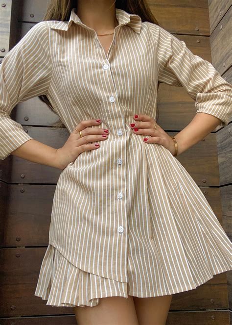 Beige Striped Shirt Dress – diamondlady