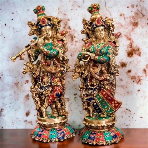 Buy Handcrafted Radha Krishna Brass Idols - Lotus Base, Stone ...