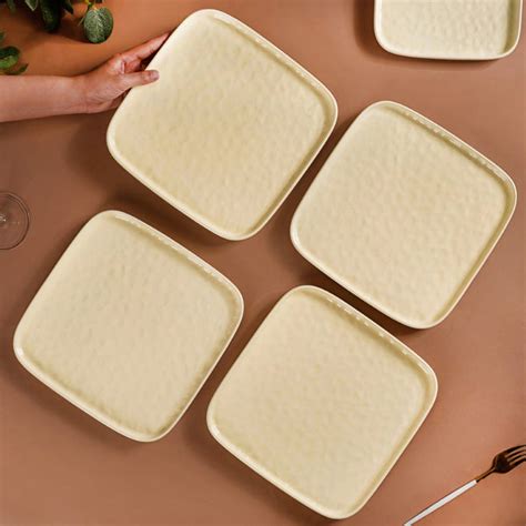 Textured Ceramic Square Dinner Plate Vanilla White Set Of 4 10 Inch ...