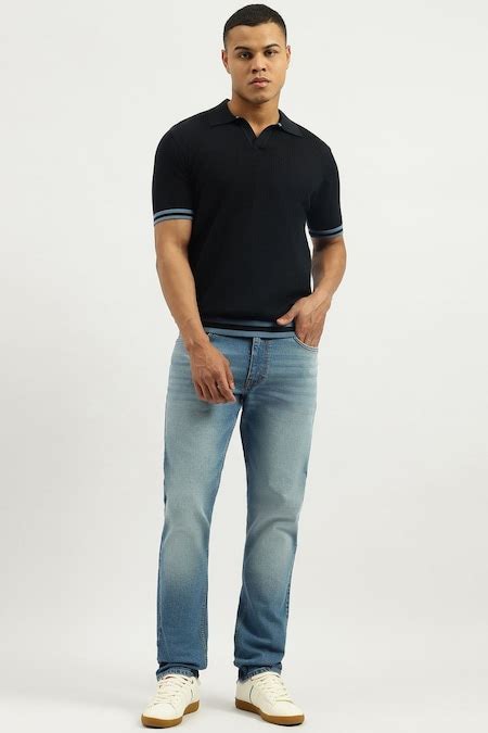 Navy Textured Casual Half Sleeves Polo Collar Men Relaxed Fit T-Shirts ...