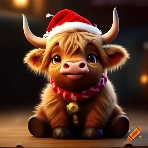 Adorable baby Scottish Highland cow minotaur wearing Santa hat and red ...