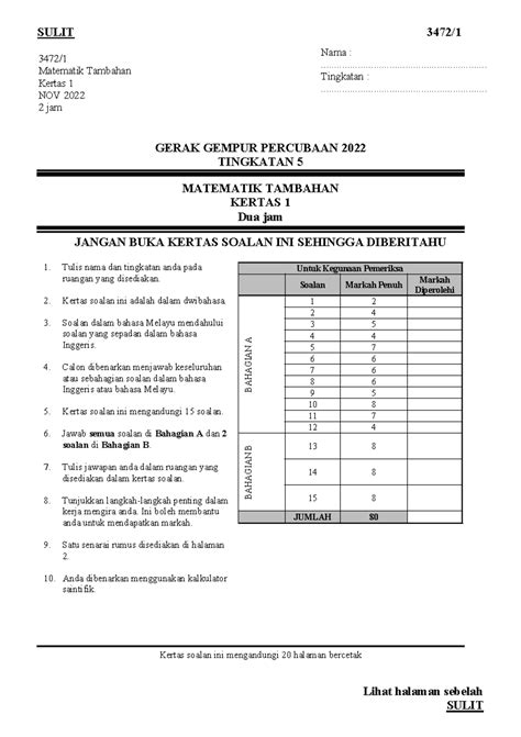 Kertas Soalan Matematik Tambahan 3472/1 - Percubaan 2022 T5 - Studocu