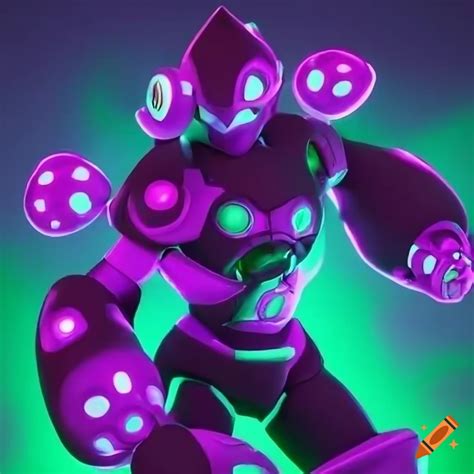 Neon green and purple mega man villain with mushroom armor