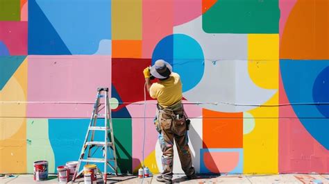 A street artist is busy at work using spray paint to create a colorful ...