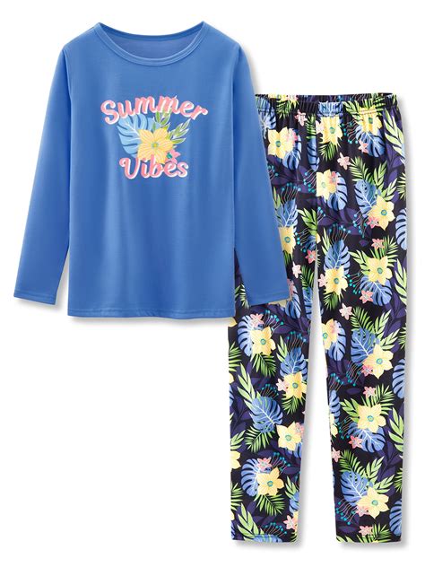 Tween Girls Long Sleeves & Pants Blue Flower Pajamas Outfit Soft Big ...