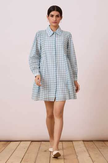 Buy Blue Handloom Cotton Collared Aponi Checkered Shirt Dress For Women ...